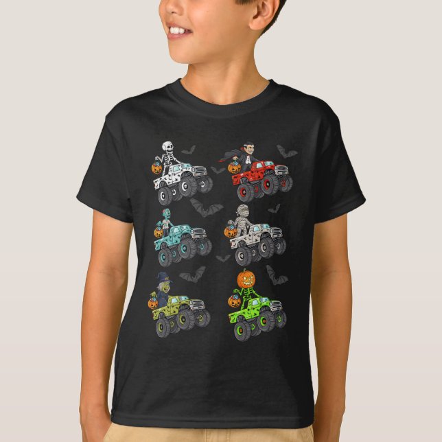 Halloween Skeleton Zombie Riding Monster Truck Vam T-Shirt (Front)