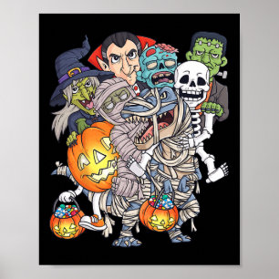 Halloween Skeleton Zombie Riding Mummy T Rex Funny Poster