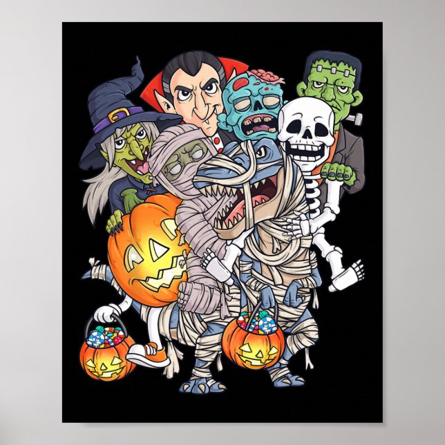 Halloween Skeleton Zombie Riding Mummy T Rex Funny Poster (Front)