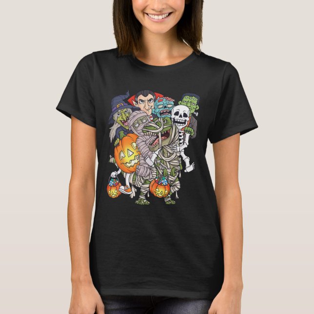 Halloween Skeleton Zombie Riding Mummy T Rex Funny T-Shirt (Front)