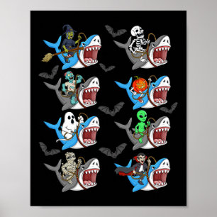 Halloween Skeleton Zombie Riding Shark Mummy Vampi Poster