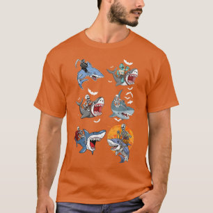 Halloween Skeleton Zombie Riding Shark Mummy Vampi T-Shirt