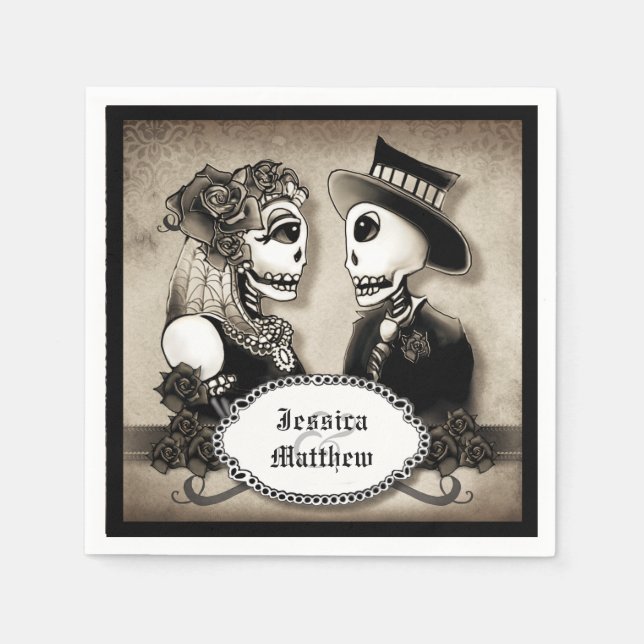 Halloween Skeletons Antique Names Wedding Napkins (Front)
