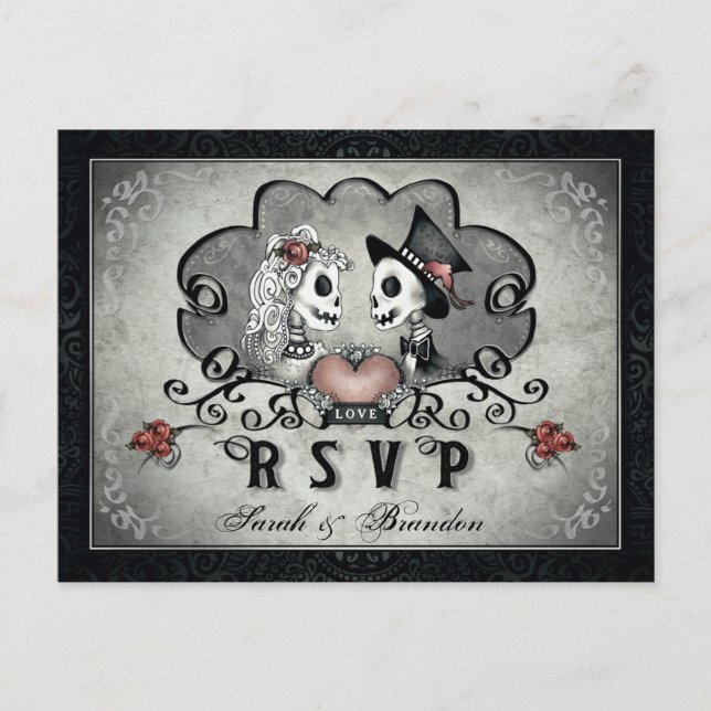 Halloween Skeletons Black Grey & Heart MENU RSVP (Front)
