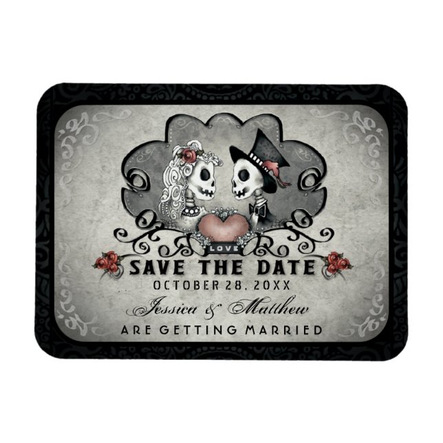 Halloween Skeletons Black Grey & Red Heart Magnet (Horizontal)