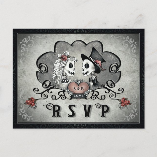 Halloween Skeletons Black Grey & Red Heart RSVP Invitation Postcard (Front)
