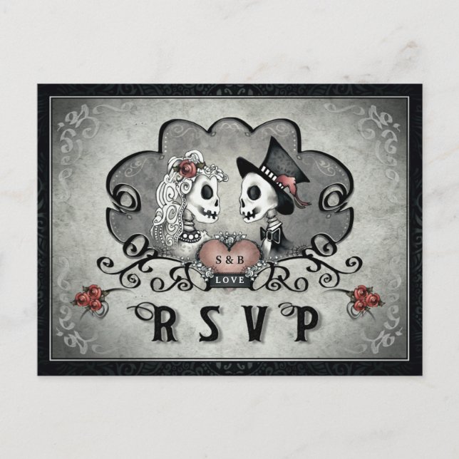 Halloween Skeletons Black Grey & Red Heart RSVP Invitation Postcard (Front)