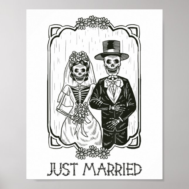 Halloween Skeletons Bride And Groom Just Married F Poster (Front)