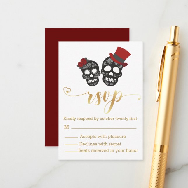 halloween skeletons gold script rsvp wedding enclosure card (Front/Back In Situ)