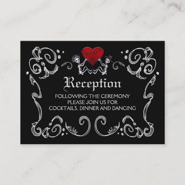 Halloween Skeletons & Heart Black White Reception Enclosure Card (Front)