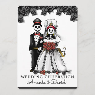 Halloween Skeletons Red Bride Groom Together With Invitation