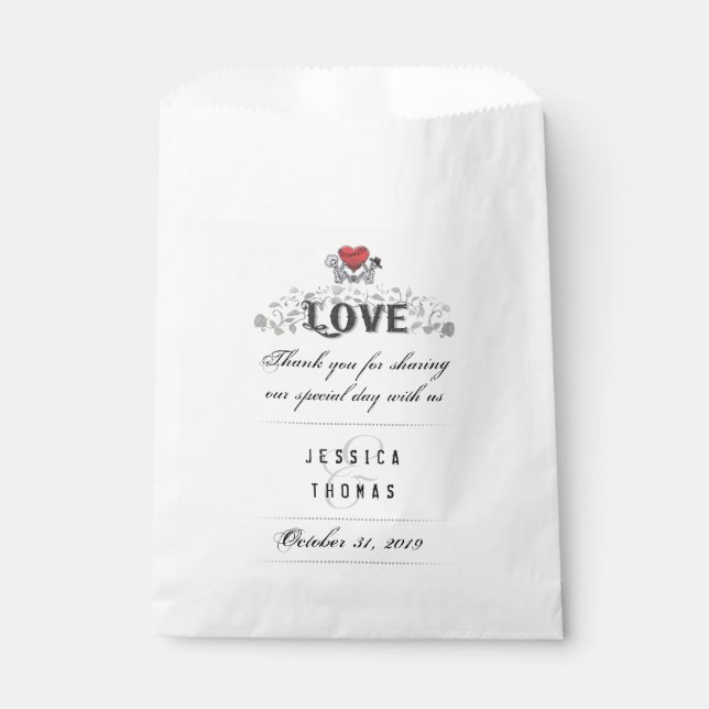 Halloween Skeletons Red Heart LOVE Wedding Names Favour Bags (Front)