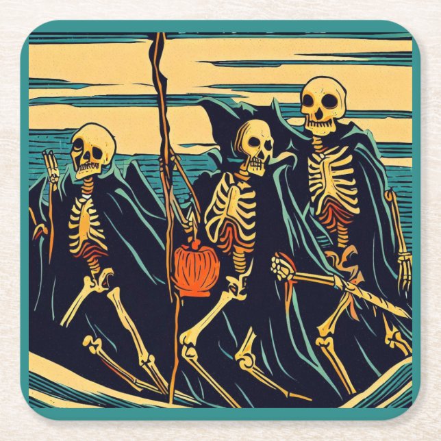 Halloween - Skeletons Woodcut 3 Square Paper Coaster (Front)