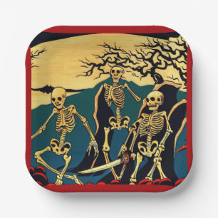 Halloween - Skeletons Woodcut 4 Paper Plate