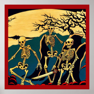 Halloween - Skeletons Woodcut 4 Poster