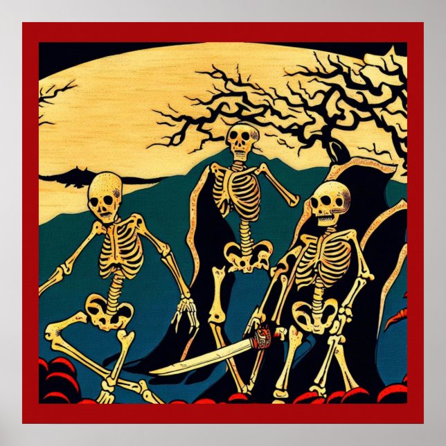 Halloween - Skeletons Woodcut 4 Poster (Front)