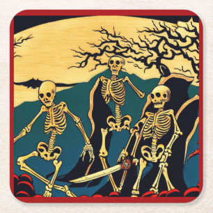 Halloween - Skeletons Woodcut 4 Square Paper Coaster