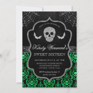 Halloween Skull and Bat Damask Sweet 16 Invitation