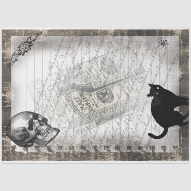 Halloween Skull and Black Cat Script Ephemera  Tissue Paper (Front)