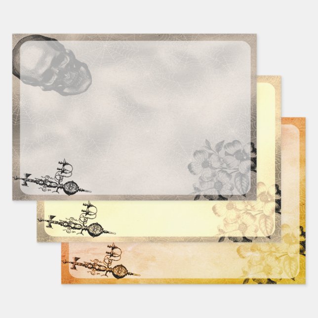 Halloween Skull and Spider Web Scary Ephemera Wrapping Paper Sheet (Set)