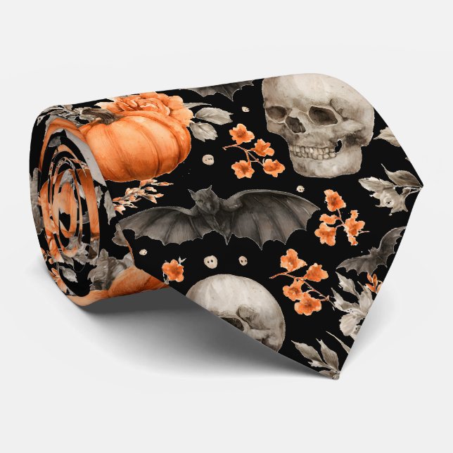 Halloween Skull Bats and Flowers Black Tie (Rolled)