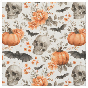 Halloween Skull Bats and Flowers Fabric
