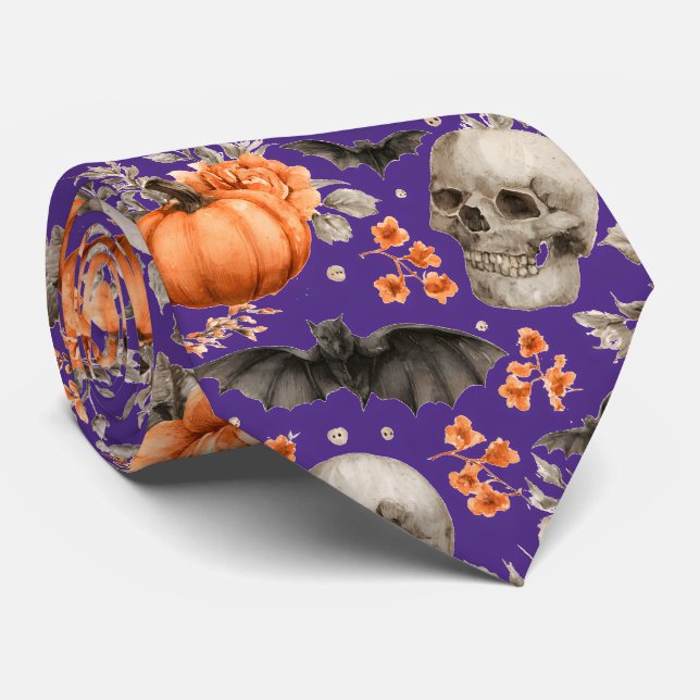 Halloween Skull Bats and Flowers Purple Tie (Rolled)