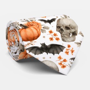 Halloween Skull Bats and Flowers Tie