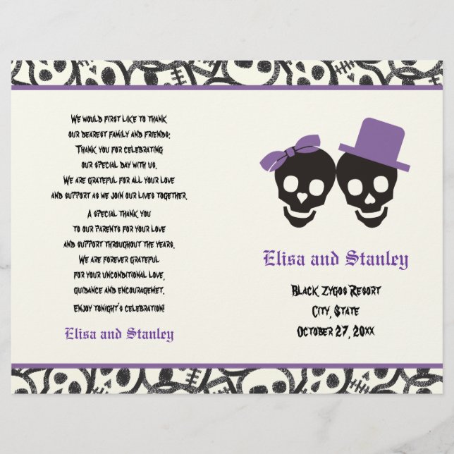 Halloween skull black and purple wedding program (Front)