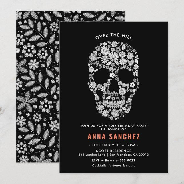 Halloween Skull Black Floral Birthday Invitation (Front/Back)