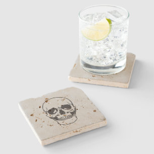 Halloween Skull Black Line Drawing Stone Coaster