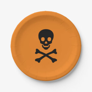 Halloween skull black orange spooky paper plate