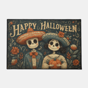 Halloween Skull Couple with Pumpkins and Sombreros Doormat