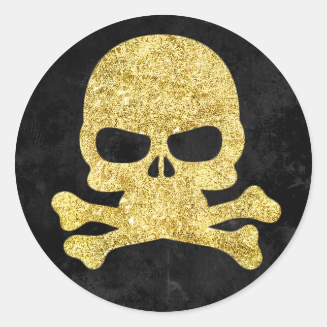 Halloween Skull & Cross Bones Gold Faux-Glitter Classic Round Sticker (Front)