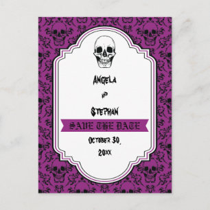 Halloween skull damask purple Gothic Save the Date Announcement Postcard