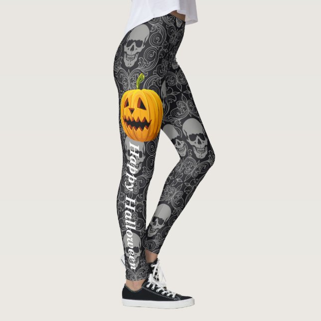 Halloween Skull Gothic Black Grey Pumpkin Leggings (Right)