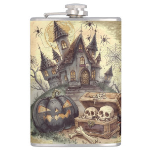 Halloween ,Skull Guardian ,Scary Spooky, vintage Hip Flask