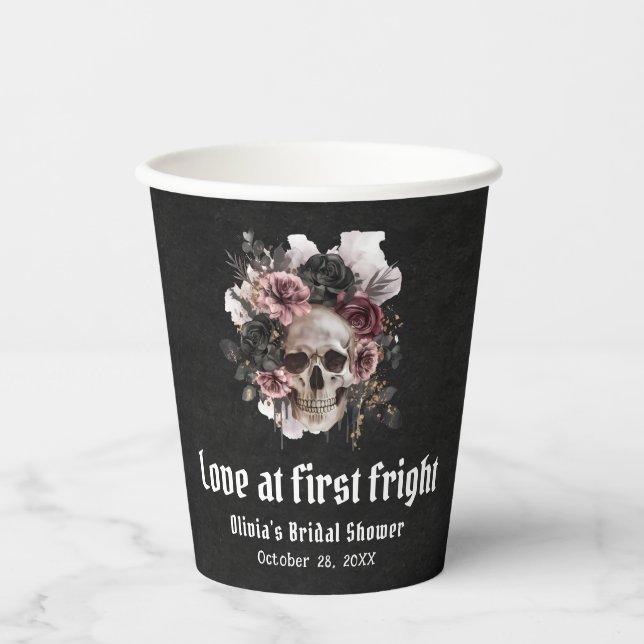 Halloween Skull Love at first fright Bridal Shower Paper Cups (Front)