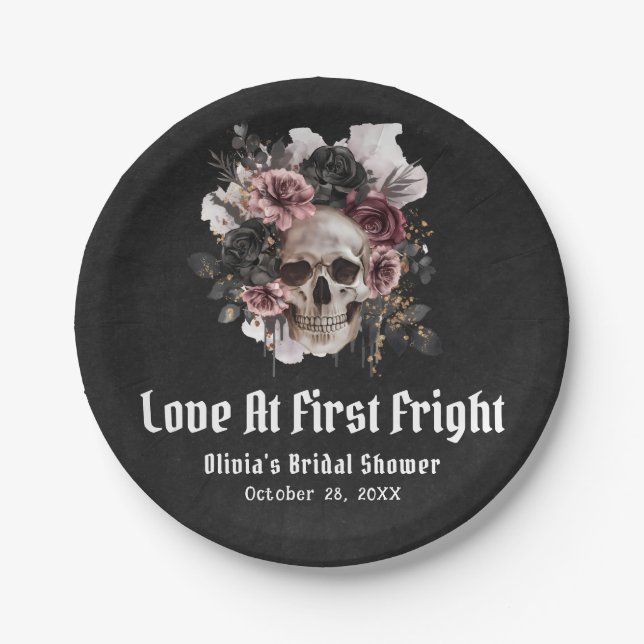 Halloween Skull Love At First Fright Bridal Shower Paper Plate (Front)