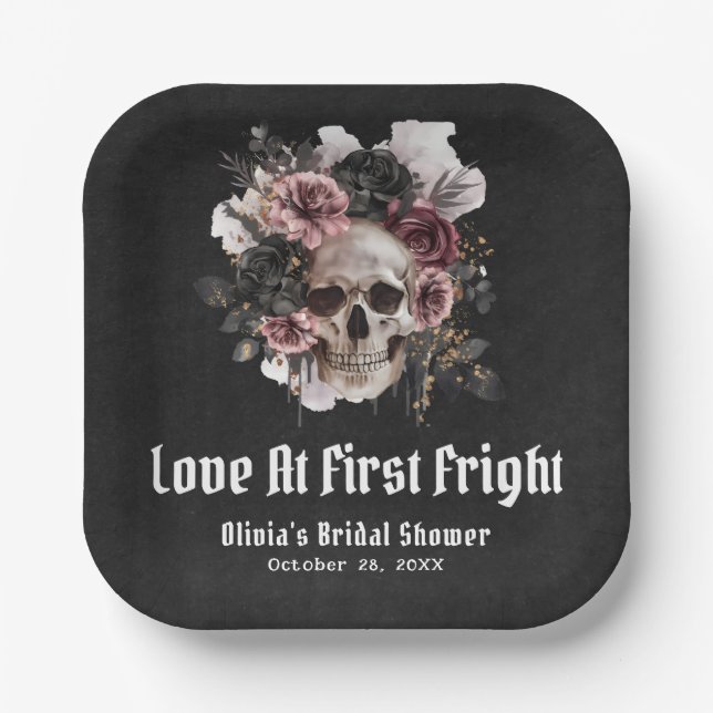 Halloween Skull Love At First Fright Bridal Shower Paper Plate (Front)