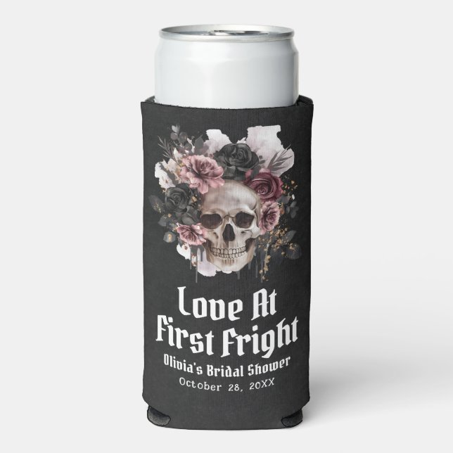 Halloween Skull Love At First Fright Bridal Shower Seltzer Can Cooler (Seltzer Front)