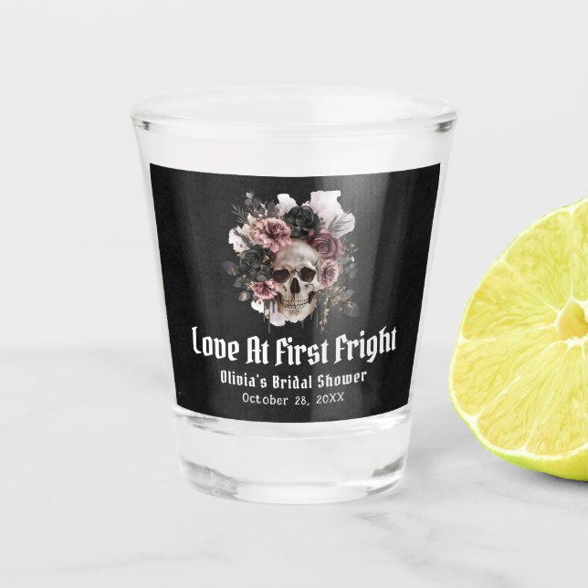 Halloween Skull Love At First Fright Bridal Shower Shot Glass (Front)