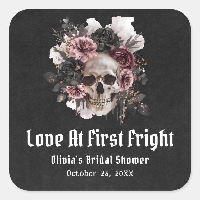 Halloween Skull Love At First Fright Bridal Shower Square Sticker (Front)