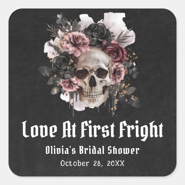 Halloween Skull Love At First Fright Bridal Shower Square Sticker (Front)