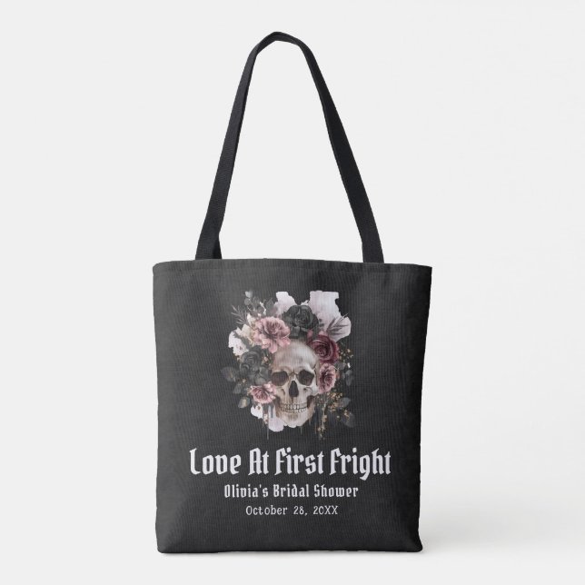 Halloween Skull Love At First Fright Bridal Shower Tote Bag (Back)