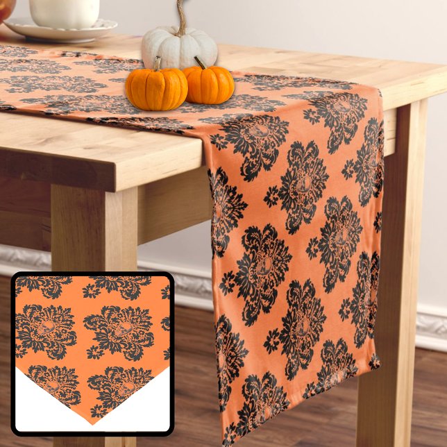 Halloween Skull Orange Black Gothic Damask Pattern Medium Table Runner (Creator Uploaded)