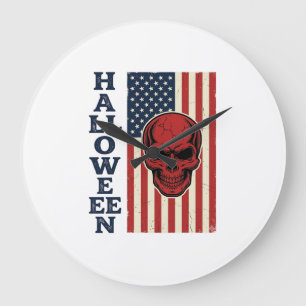 Halloween Skull Patriotic Vintage Scary Flag_1 Large Clock