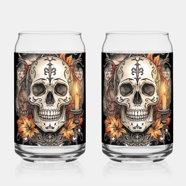 Halloween,Skull Pattern, Candlelight Calavera Can Glass (Front)