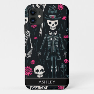 Halloween Skull Pink Roses Top Hat Personalised  iPhone 11 Case