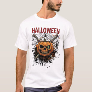 Halloween Skull Pumpkin Crossed Swords Spider Web T-Shirt